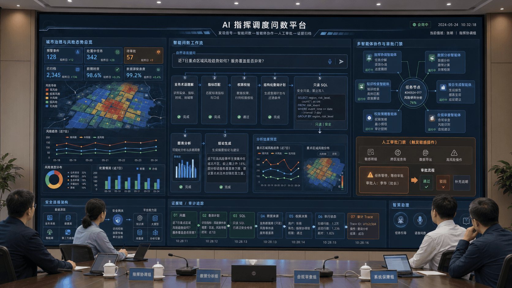 AI指挥调度问数平台会商实景，展示城市态势、智能问数工作流、多智能体协作、人工审批和审计追踪